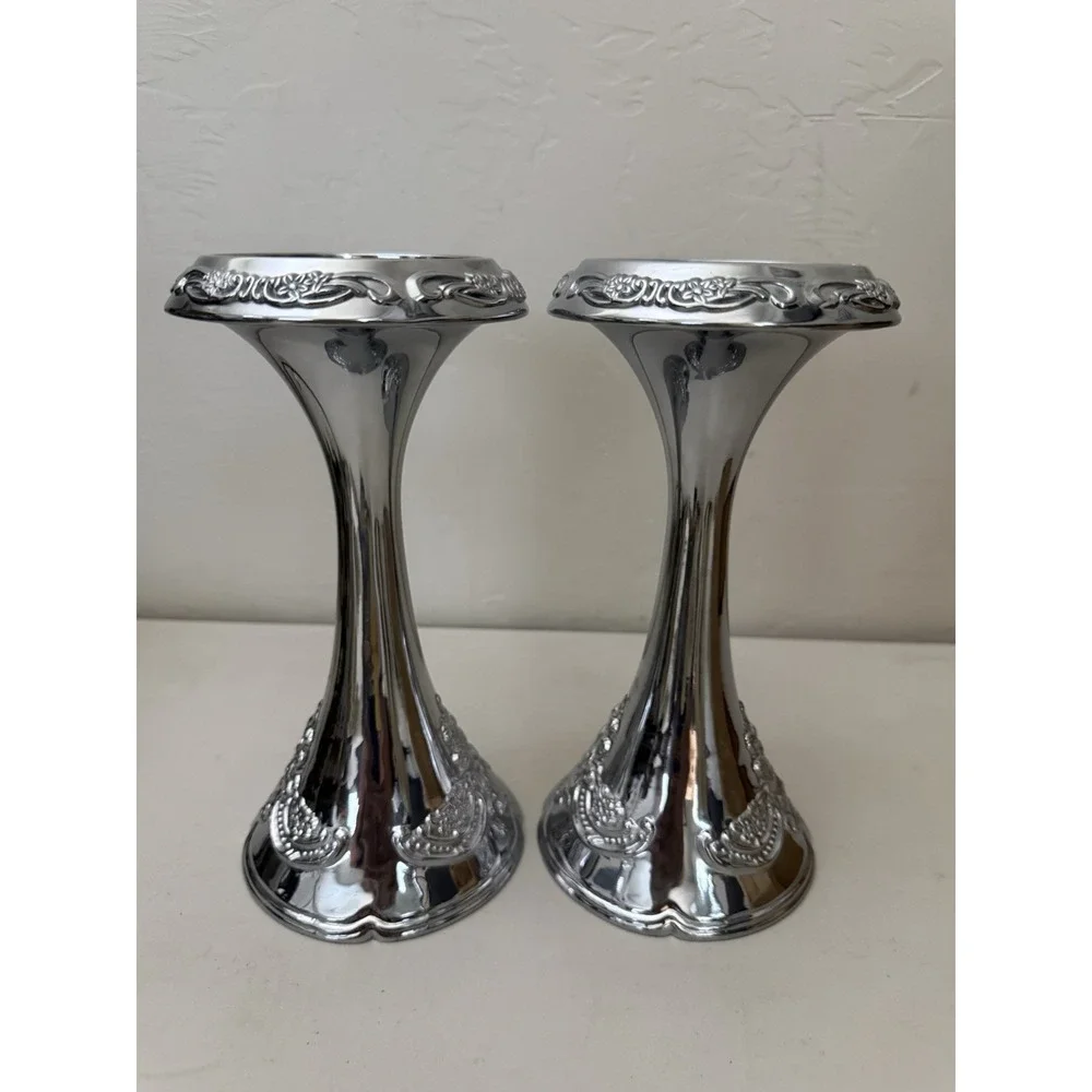 Vintage Baroque Style Cast Aluminum‎ Pillar Taper Embossed Candlesticks Pair